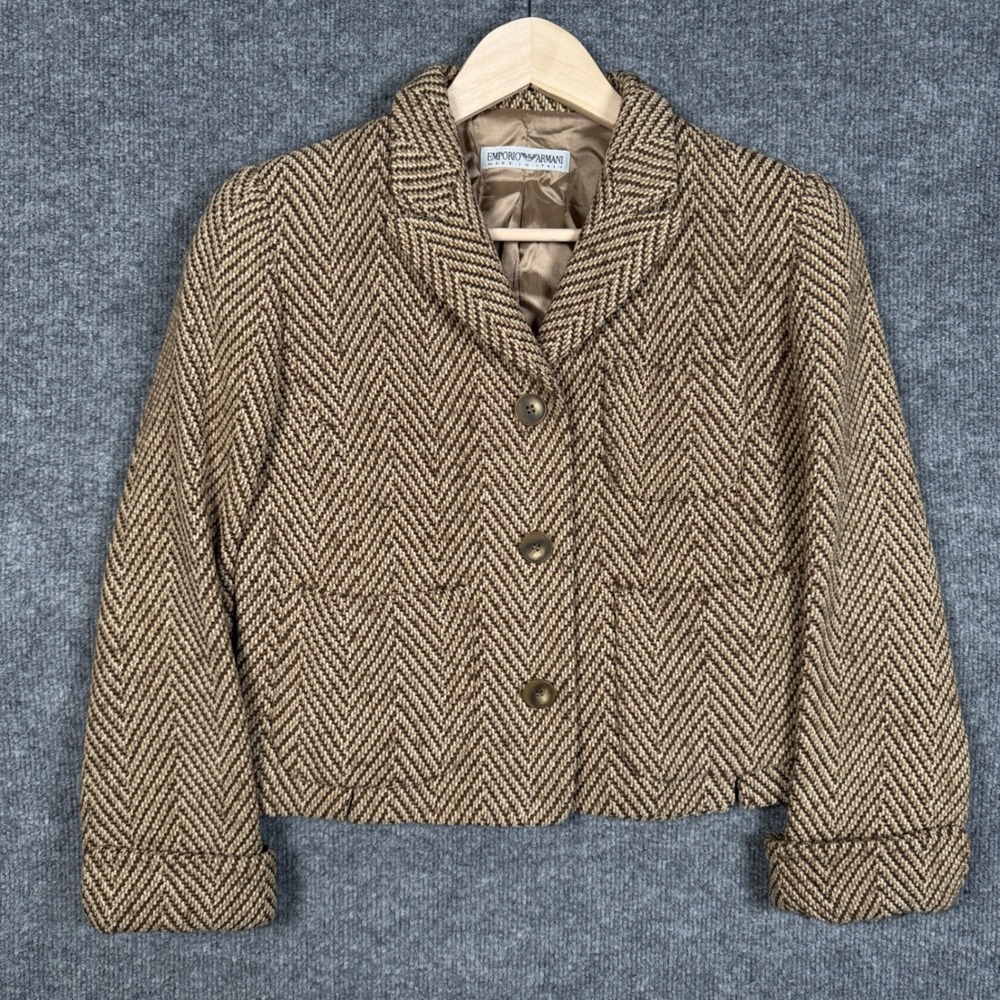 Emporio Armani Sz 42 Blazer Jacket Brown Tan Tweed Herringbone Wool Cotton Blend